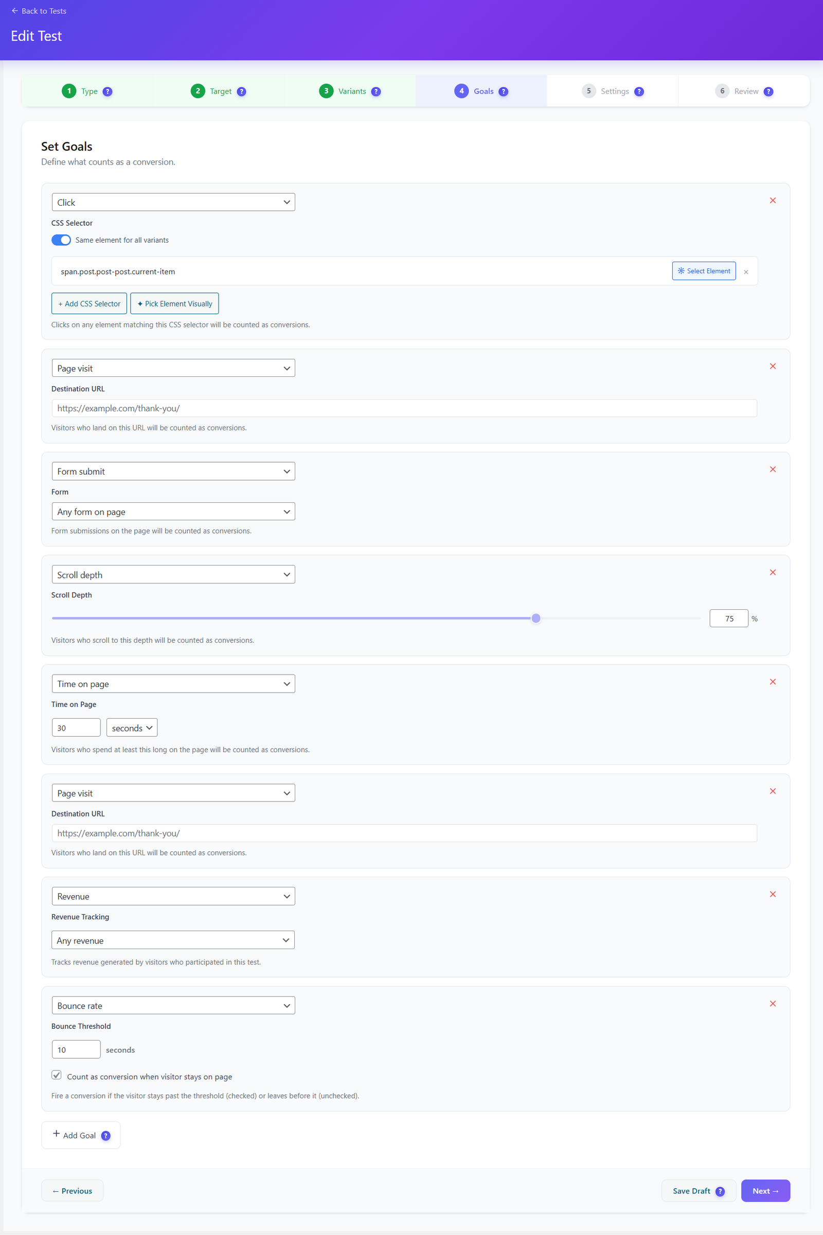 A/B Testing goals including click, page visit, form submit, scroll, time on page, revenue and bounce rate