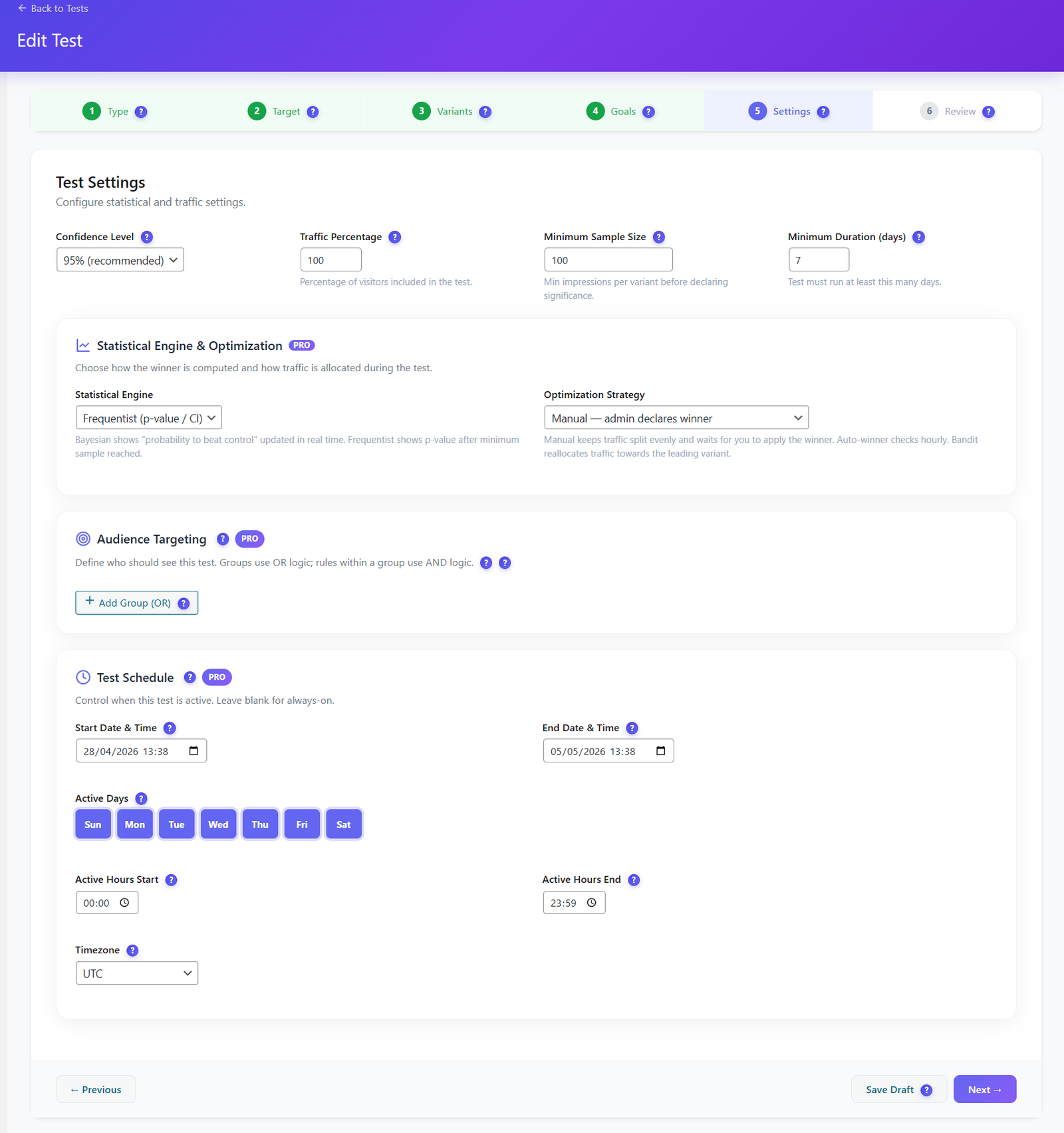 A/B Testing settings for confidence, traffic percentage, sample size, targeting and schedule