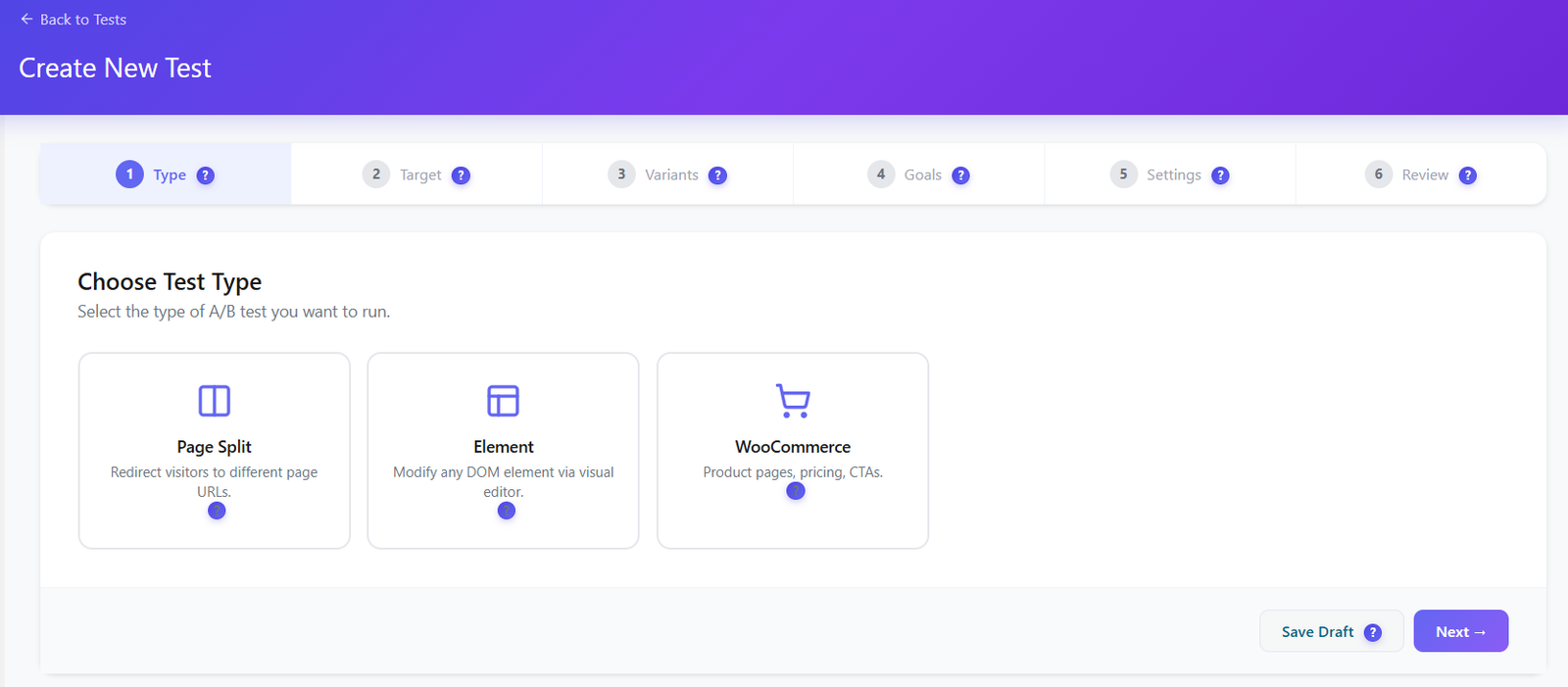 Opti-Behavior A/B Testing builder showing Page Split, Element and WooCommerce test types