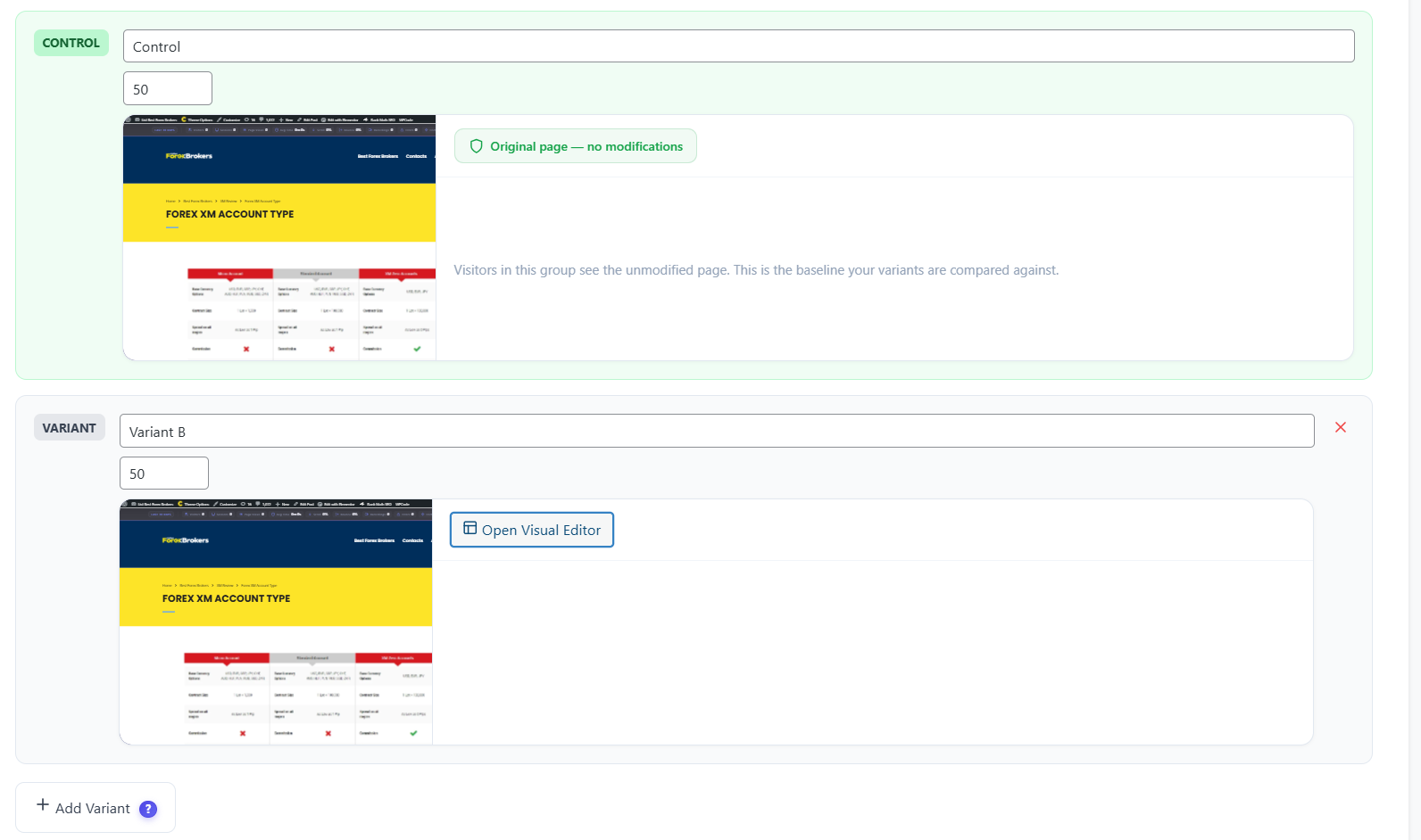 A/B Testing variants screen with control and Variant B traffic split