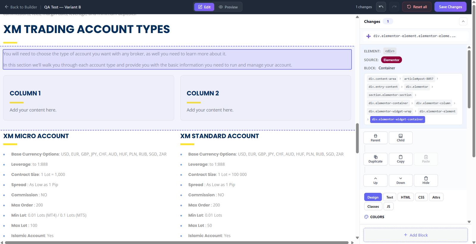 A/B Testing visual editor showing selected Elementor block and change sidebar