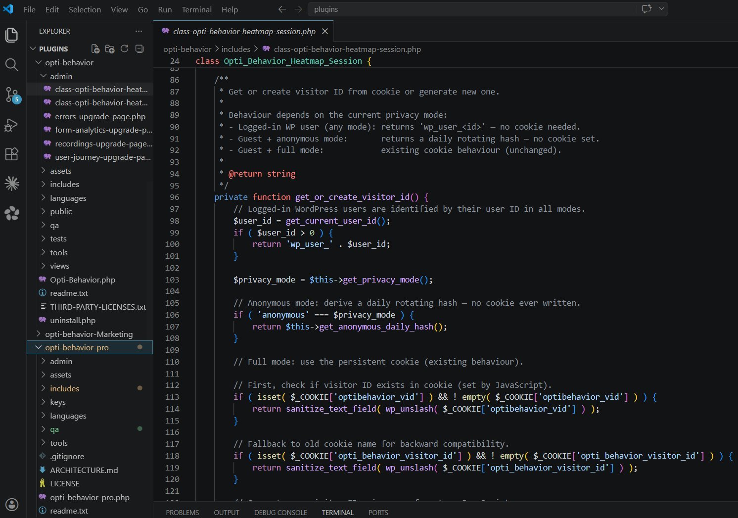 Source code from Opti-Behavior — visitor ID generation with privacy modes