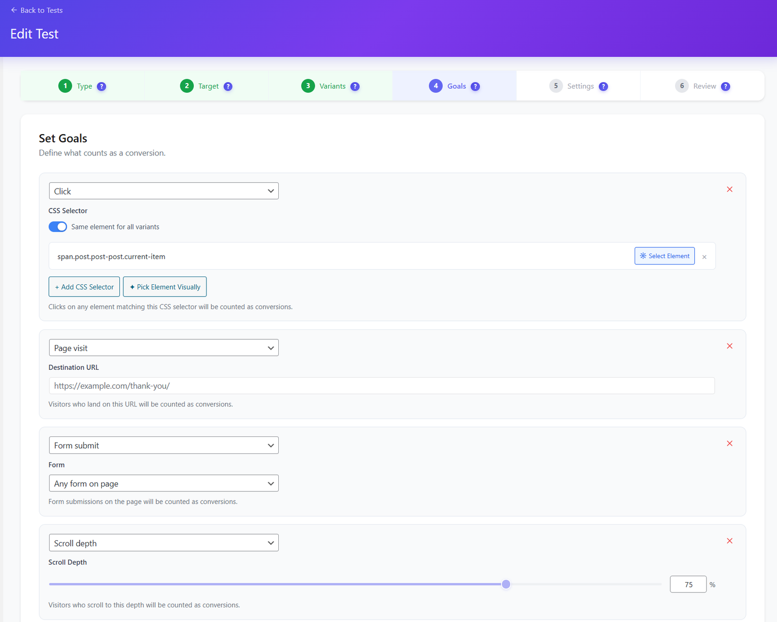 Tests A/B pour WordPress et WooCommerce - Opti-Behavior 81 Étape Définir les objectifs d’Opti-Behavior avec un objectif de clic sur un sélecteur CSS et Choisir visuellement l’élément, une visite de page avec URL de destination, un envoi de formulaire pour tout formulaire de la page et une profondeur de scroll avec curseur de pourcentage