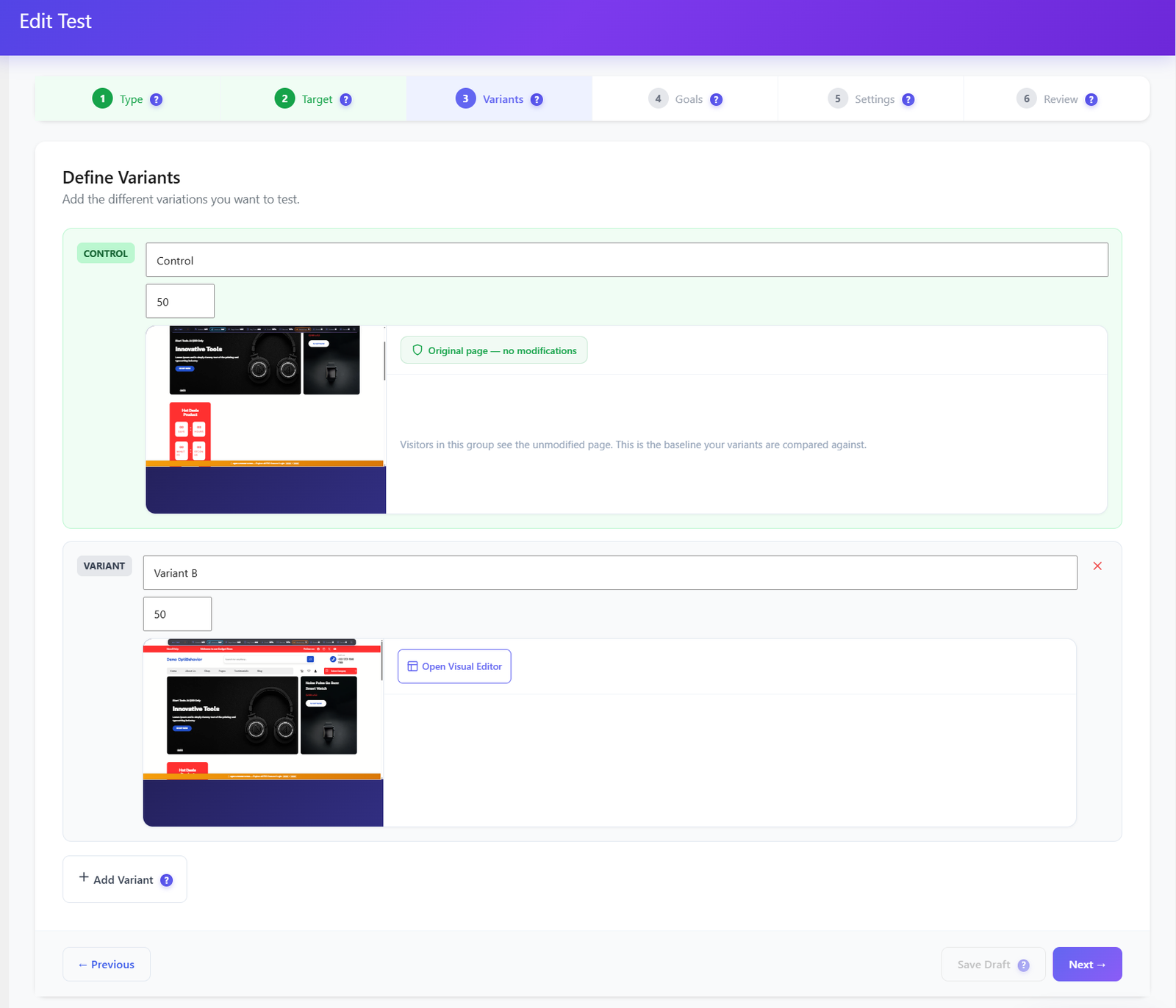 Tests A/B pour WordPress et WooCommerce - Opti-Behavior 78 Étape Définir les variantes d’Opti-Behavior montrant la variante Contrôle avec la page d’origine sans modification, et la variante B avec un bouton Ouvrir l’éditeur visuel, chacune avec 50 pour cent du trafic et un bouton Ajouter une variante