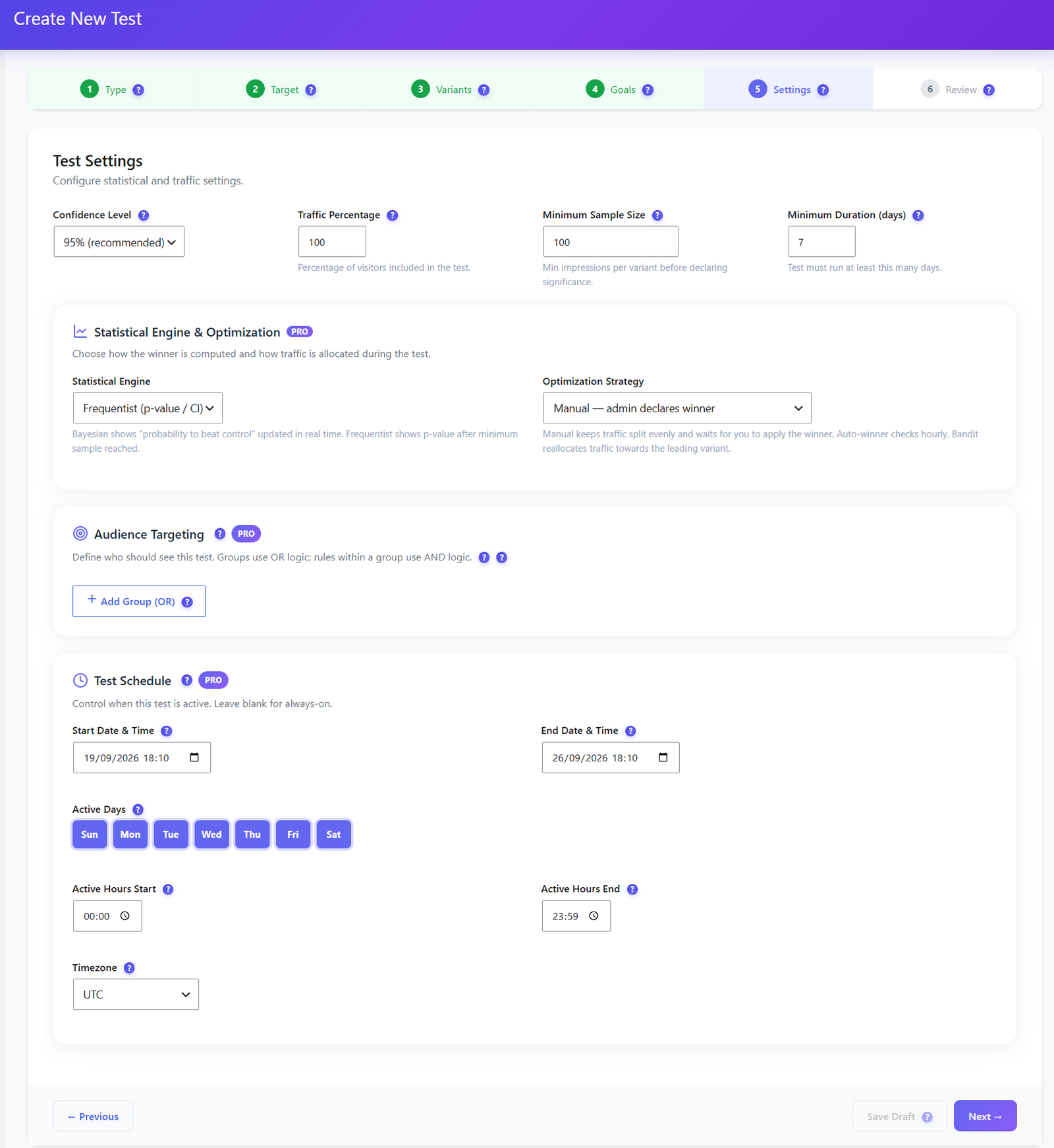 Tests A/B pour WordPress et WooCommerce - Opti-Behavior 82 Étape Réglages du test d’Opti-Behavior avec niveau de confiance, pourcentage de trafic, échantillon minimum et durée minimum, plus des panneaux Pro pour le moteur statistique et la stratégie d’optimisation, le ciblage d’audience avec groupes OU, et un planning avec dates, jours actifs, heures et fuseau horaire