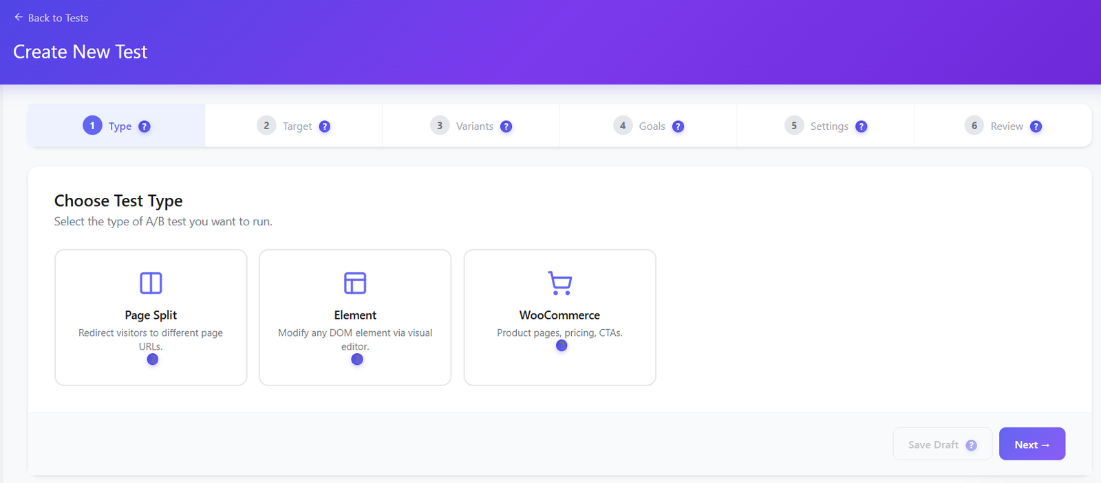 Tests A/B pour WordPress et WooCommerce - Opti-Behavior 77 Écran Créer un test Opti-Behavior avec un assistant en six étapes Type, Cible, Variantes, Objectifs, Réglages et Revue, et trois types de test : Pages, Élément et WooCommerce