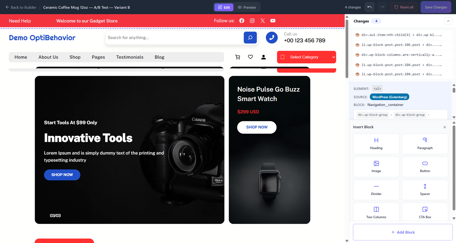Tests A/B pour WordPress et WooCommerce - Opti-Behavior 79 Éditeur visuel Opti-Behavior sur une page en ligne avec bascule Éditer et Aperçu, un panneau Modifications listant des sélecteurs CSS, la source de l’élément comme WordPress Gutenberg, une palette Insérer un bloc et les boutons Annuler, Rétablir, Tout réinitialiser et Enregistrer