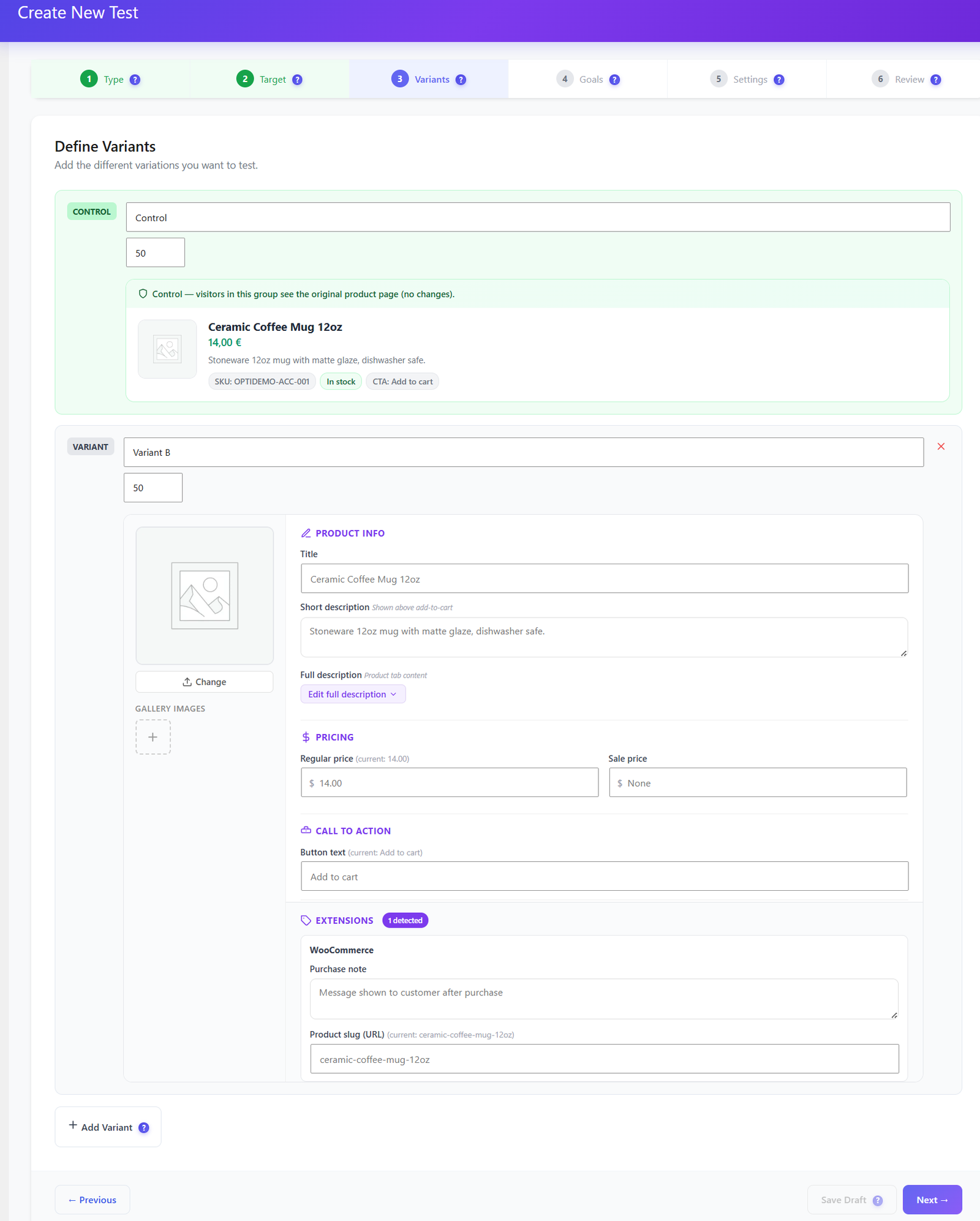 Tests A/B pour WordPress et WooCommerce - Opti-Behavior 80 Éditeur de variante A/B WooCommerce d’Opti-Behavior avec la fiche produit de contrôle et les champs de la variante B : titre, description courte et complète, image, galerie, prix normal et promo, texte du bouton d’appel à l’action et extensions WooCommerce pour la note d’achat et l’URL du produit