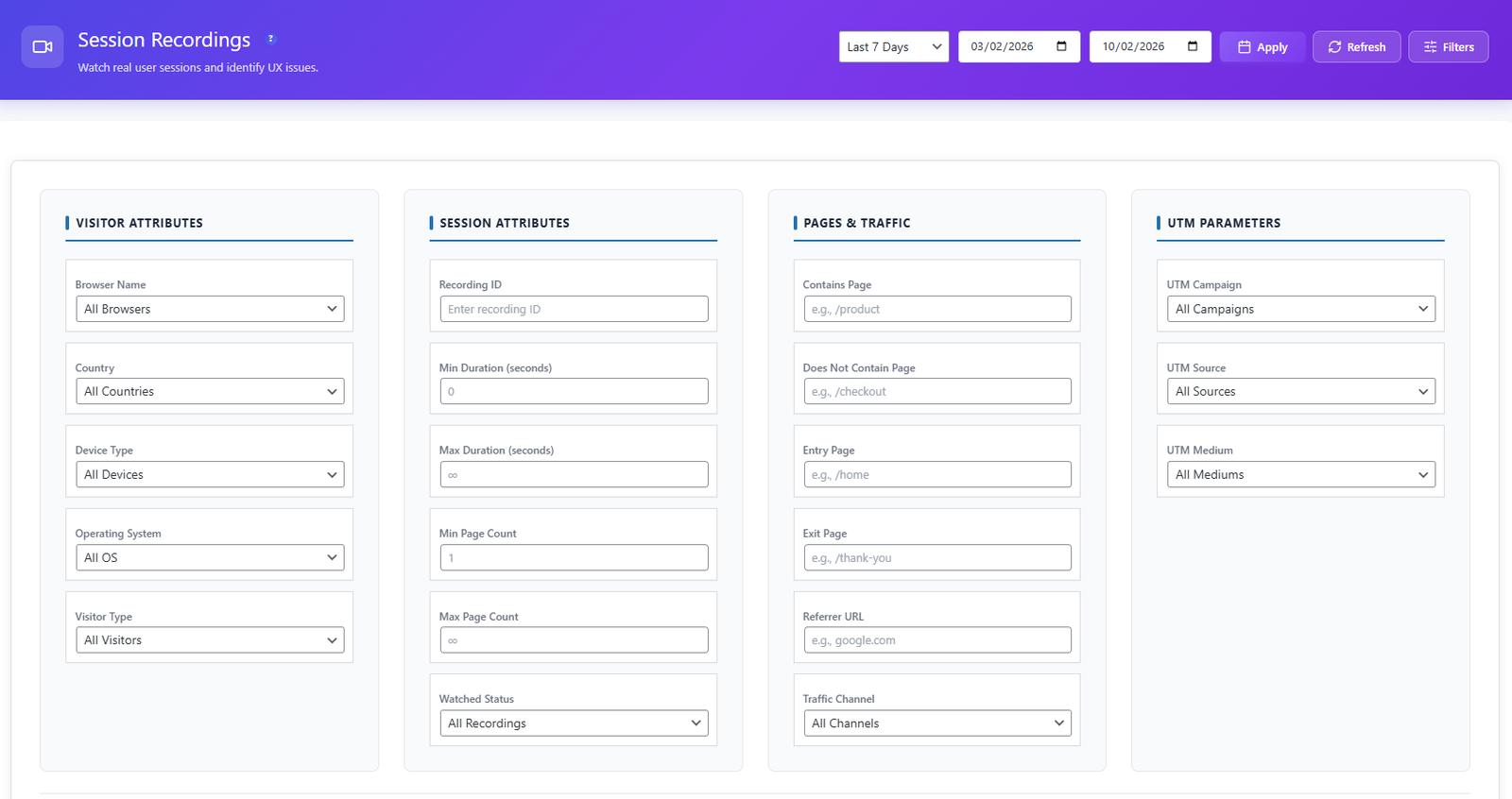 Advanced session filters panel