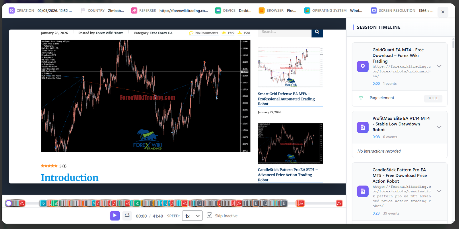 Session recording player with full page replay