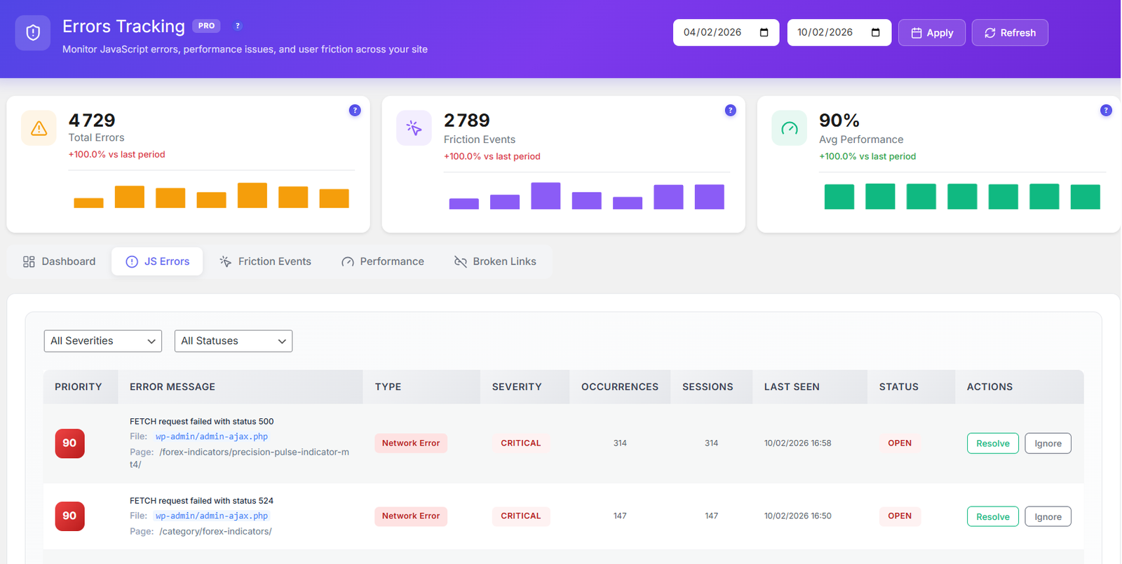 JavaScript errors list with stack traces