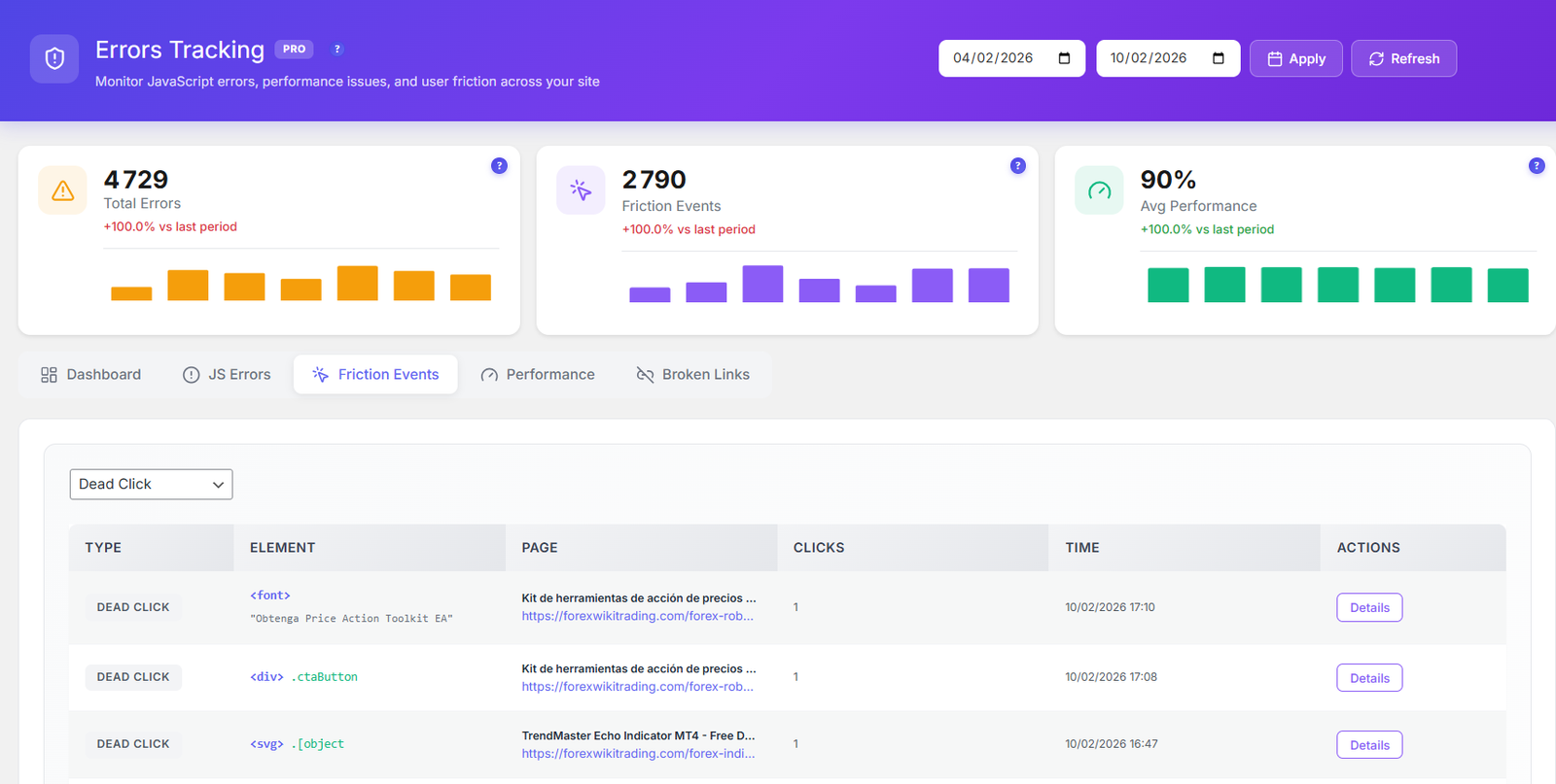 Friction events dead clicks detection