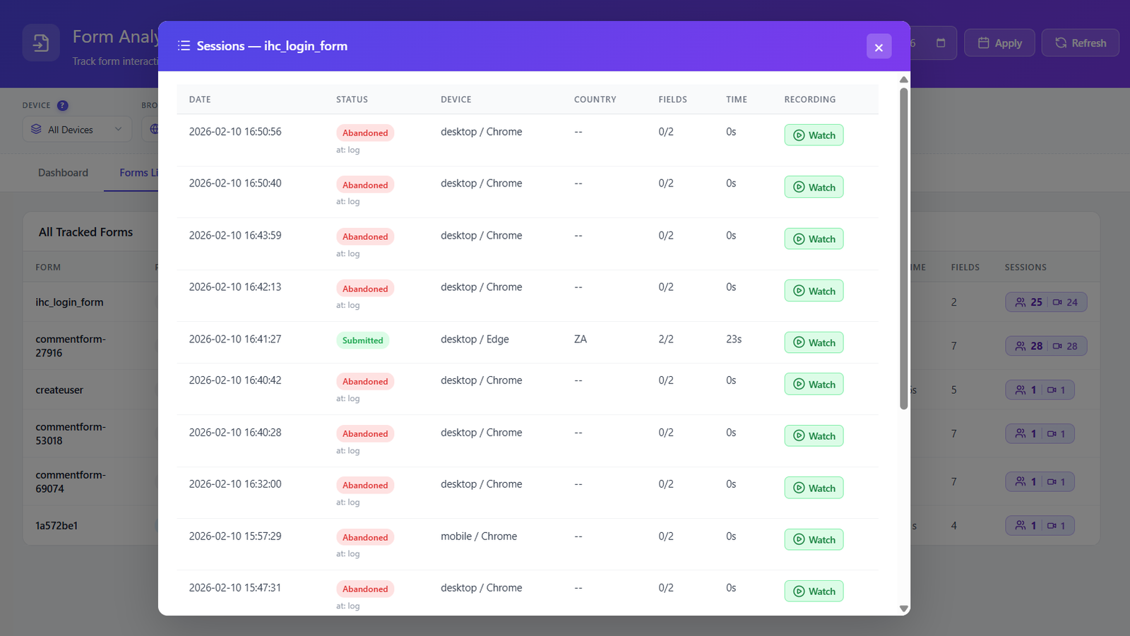 Form session recordings list