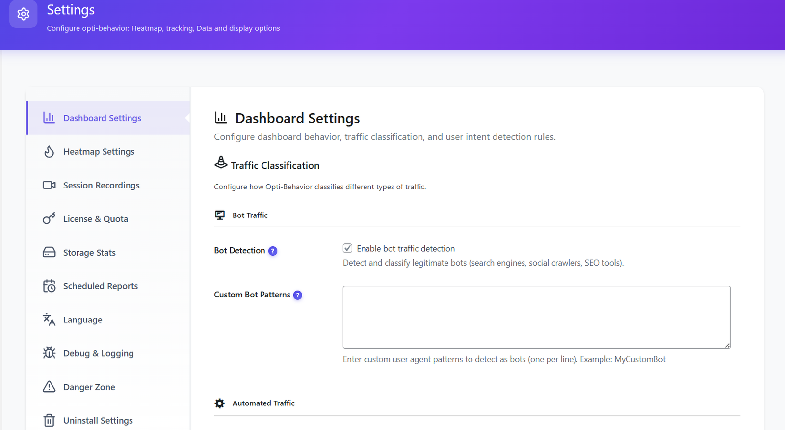 Dashboard Settings with bot detection configuration