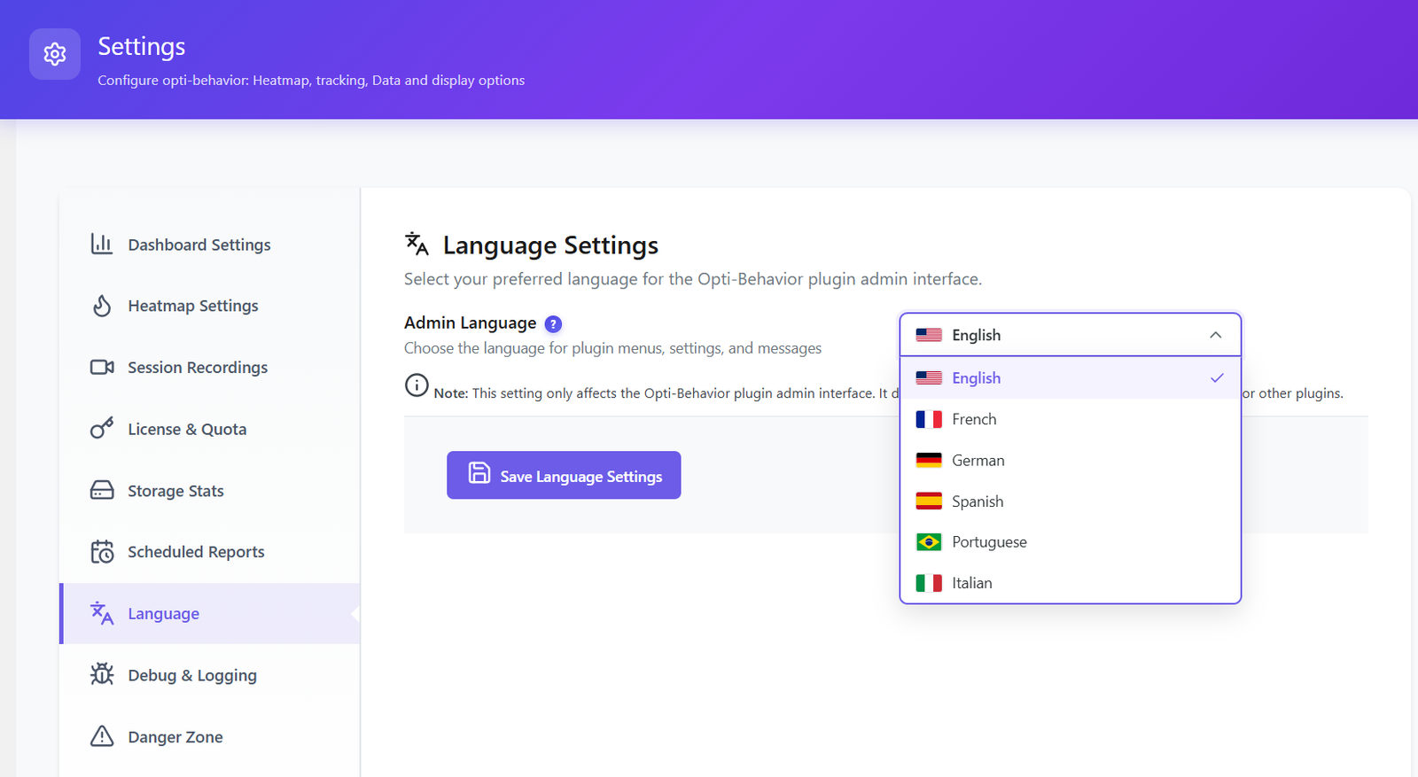 Language Settings with 6 languages