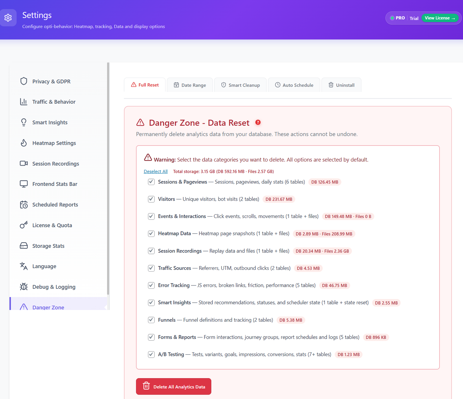 Resumen de almacenamiento con tamaño de base de datos por módulo Resumen de almacenamiento con tamaño de base de datos por módulo