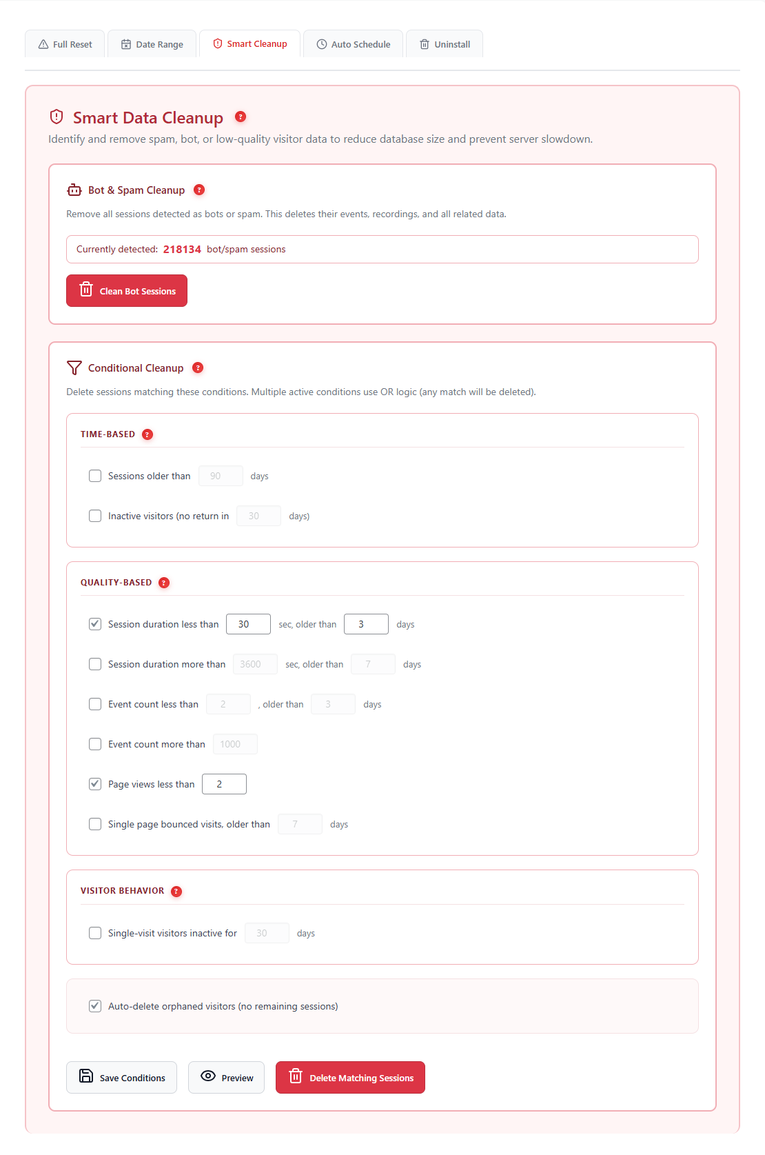 Danger Zone with smart data cleanup, bot cleanup, and conditional cleanup conditions