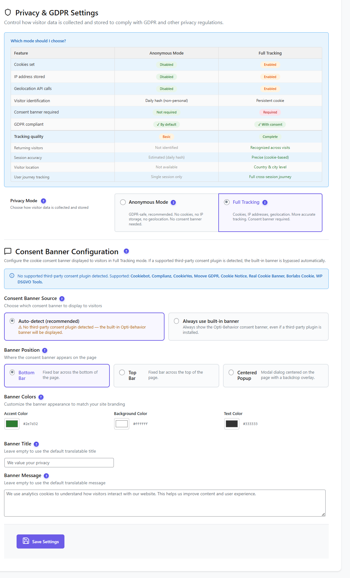 Privacy and GDPR compliance settings