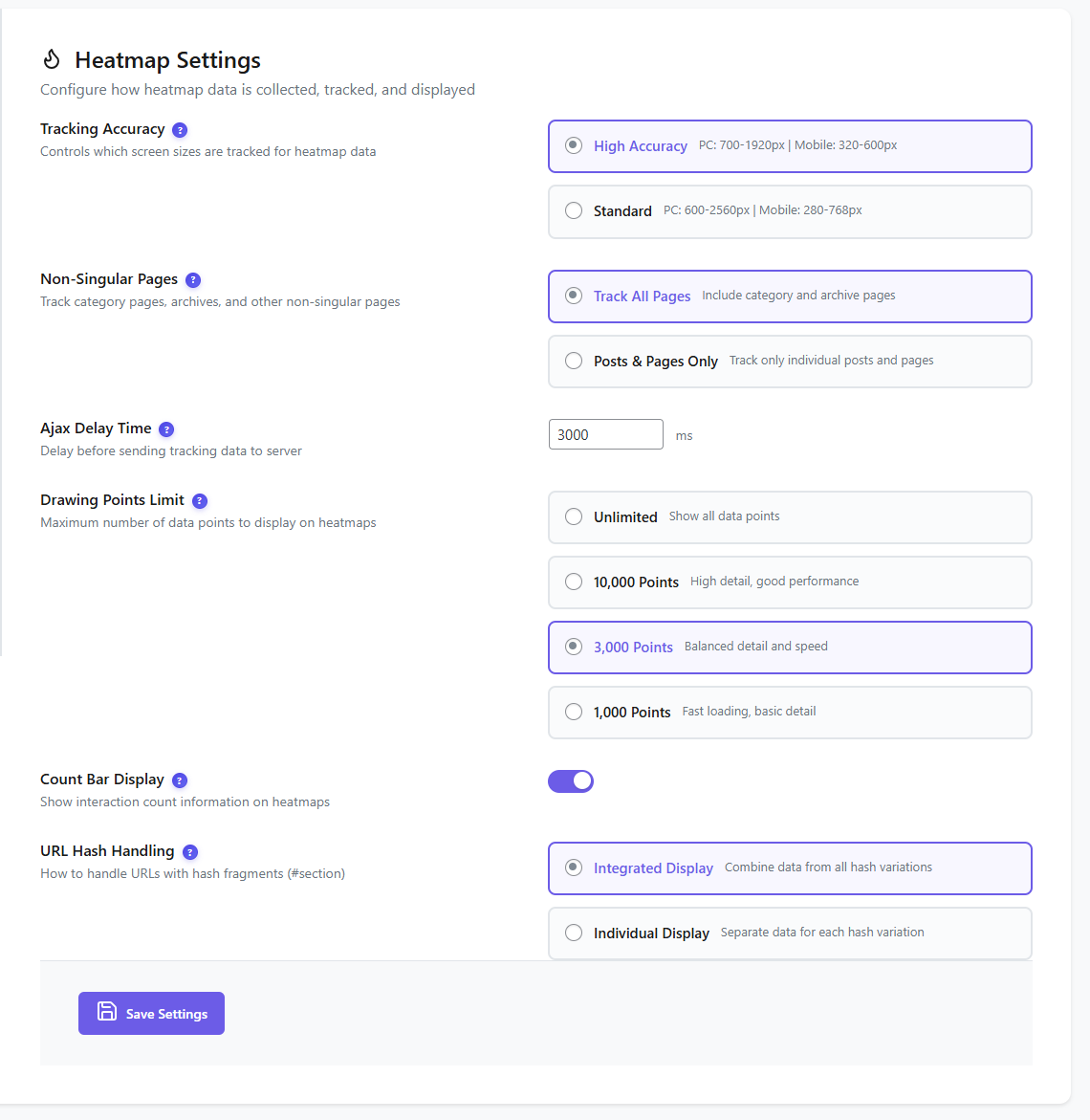 Heatmap settings with tracking accuracy, non-singular pages, and URL hash handling