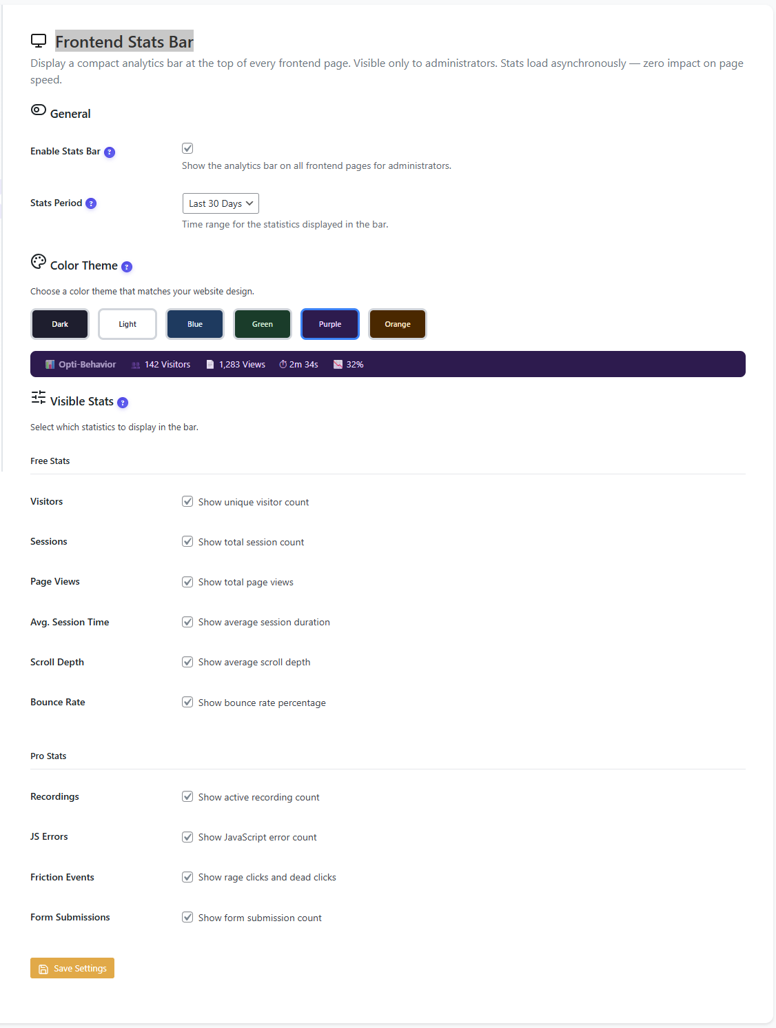 Frontend stats bar settings with color themes, visible stats selection, and live preview