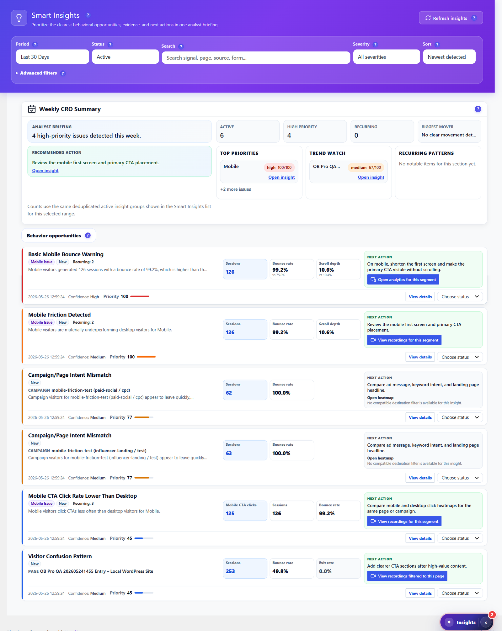 Opti-Behavior Smart Insights center with weekly CRO summary and behavior opportunities
