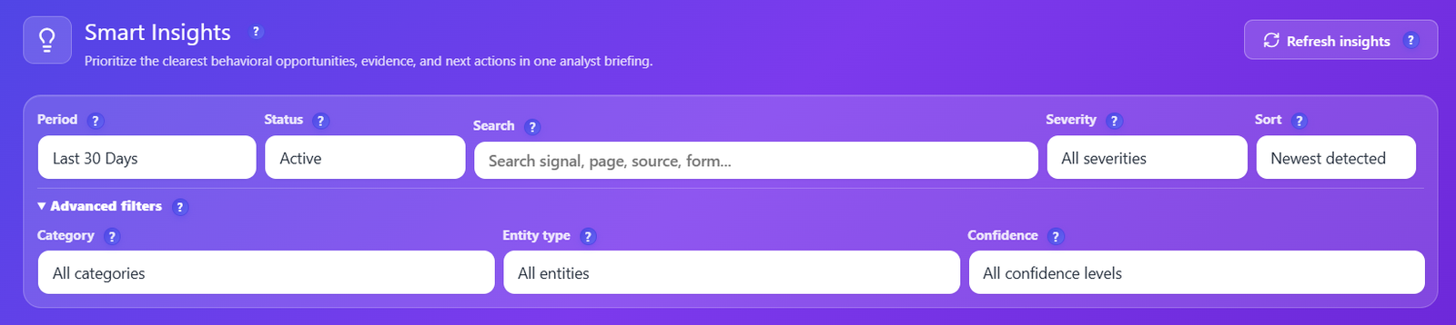 Smart Insights filters for period, status, severity, category, entity type and confidence