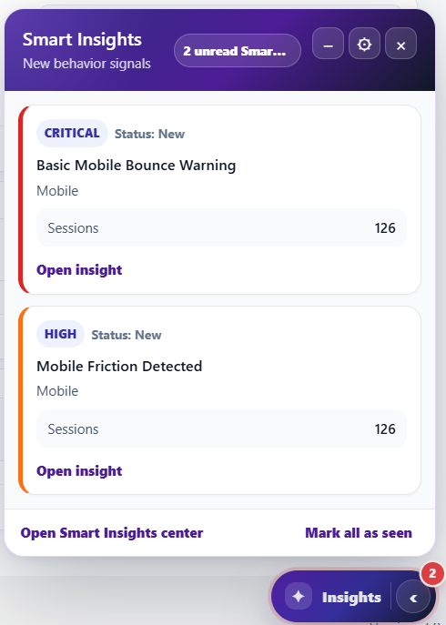 Smart Insights notification launcher with unread badge and high-priority insight panel