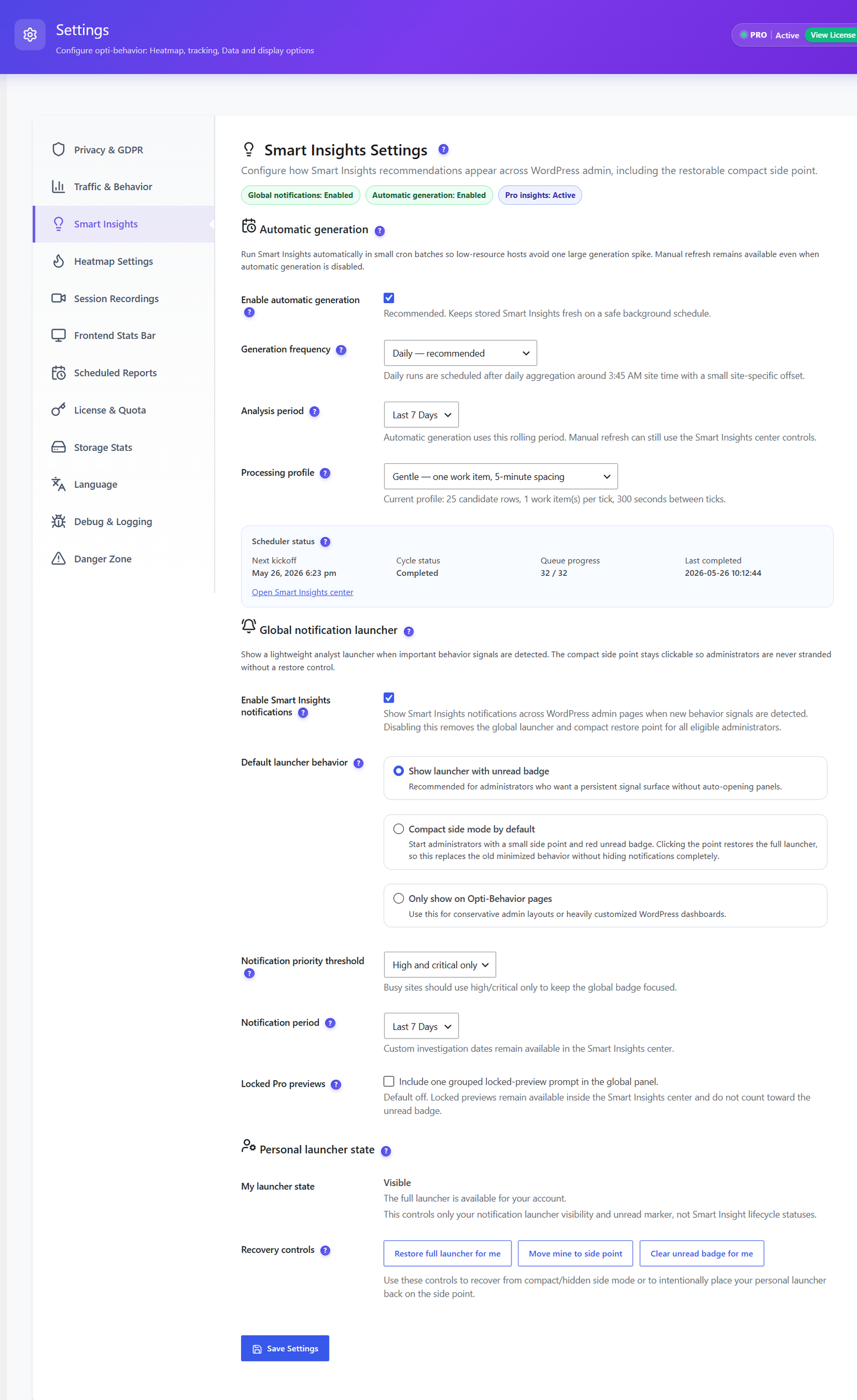 Smart Insights settings for automatic generation, scheduler status and notifications