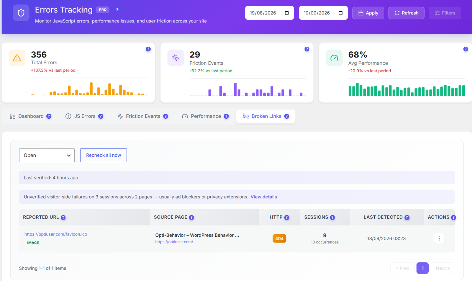 Suivi des erreurs et performances - Opti-Behavior 82 Onglet Liens cassés Opti-Behavior avec un bouton Revérifier maintenant, un avis sur les échecs côté visiteur non vérifiés et un tableau avec URL signalée, page source, HTTP 404, sessions et dernière détection