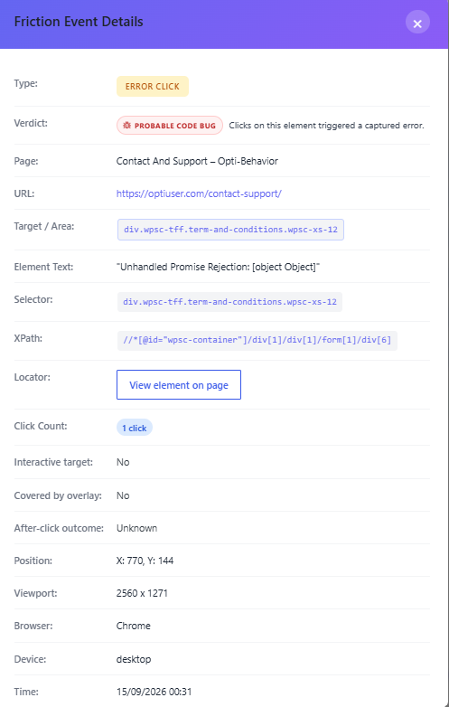 Suivi des erreurs et performances - Opti-Behavior 80 Volet Détails de l’événement de friction Opti-Behavior avec type, verdict, page, URL, cible, texte de l’élément, sélecteur, XPath, localisateur, nombre de clics, surcouche, position, viewport, navigateur, appareil et heure