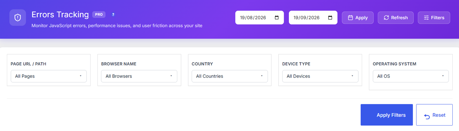 Suivi des erreurs et performances - Opti-Behavior 83 Barre de filtres Errors Tracking Opti-Behavior avec URL ou chemin de page, navigateur, pays, type d’appareil et système d’exploitation, plus Appliquer et Réinitialiser