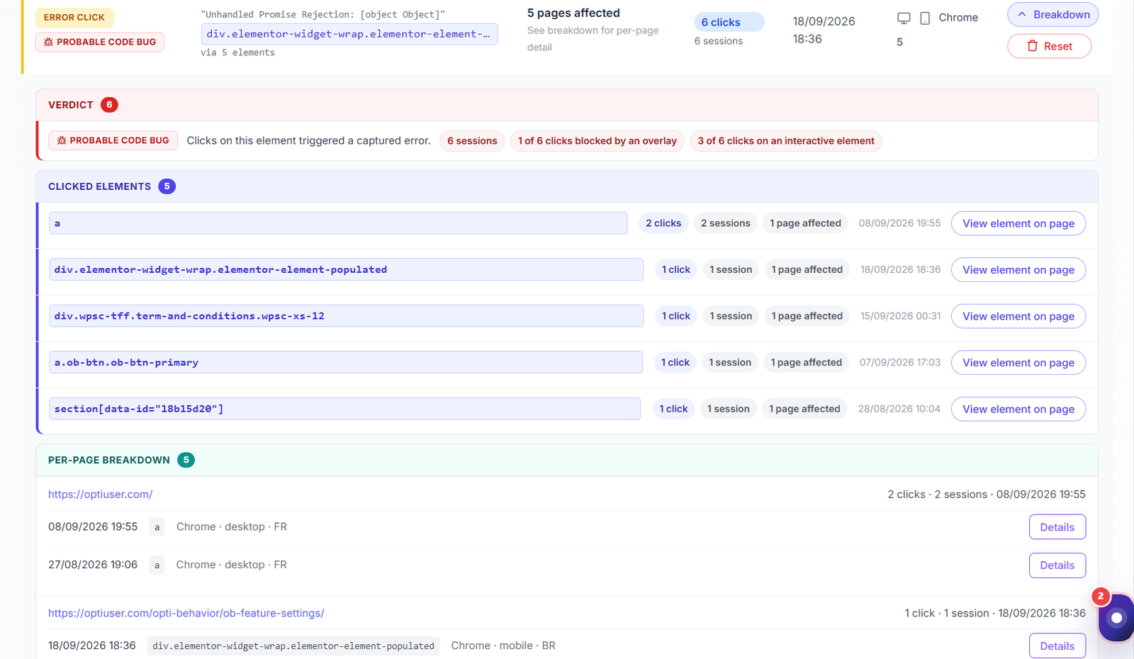 Suivi des erreurs et performances - Opti-Behavior 79 Détail de friction Opti-Behavior avec un panneau Verdict, la liste des éléments cliqués avec boutons Voir l’élément sur la page et un détail par page