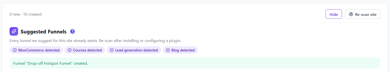 Funnels de conversion - Opti-Behavior 77 Panneau Entonnoirs suggérés Opti-Behavior avec les types de site détectés WooCommerce, cours, génération de leads et blog, un bouton de nouvelle analyse et une confirmation de création