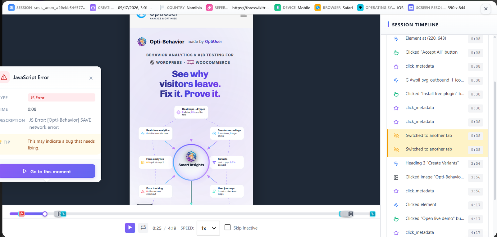 Lecteur de session Opti-Behavior rejouant une visite mobile avec une carte d&rsquo;erreur JavaScript, un bouton Aller à ce moment, la chronologie des événements et les contrôles de vitesse