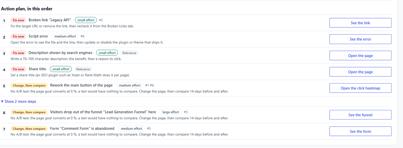 Website Analytics Reports - Opti-Behavior 10 Action plan: steps tagged Fix now or Change then compare, with effort