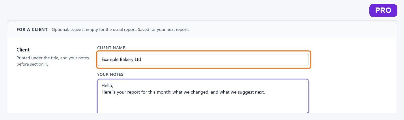 Website Analytics Reports - Opti-Behavior 6 Full site report, Pro: the client name under the report title