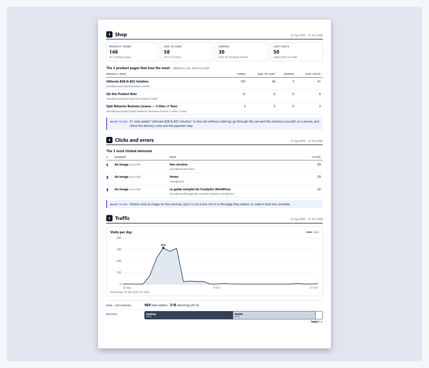 Website Analytics Reports - Opti-Behavior 5 Short site report, page 2: the report sections that have data on the site