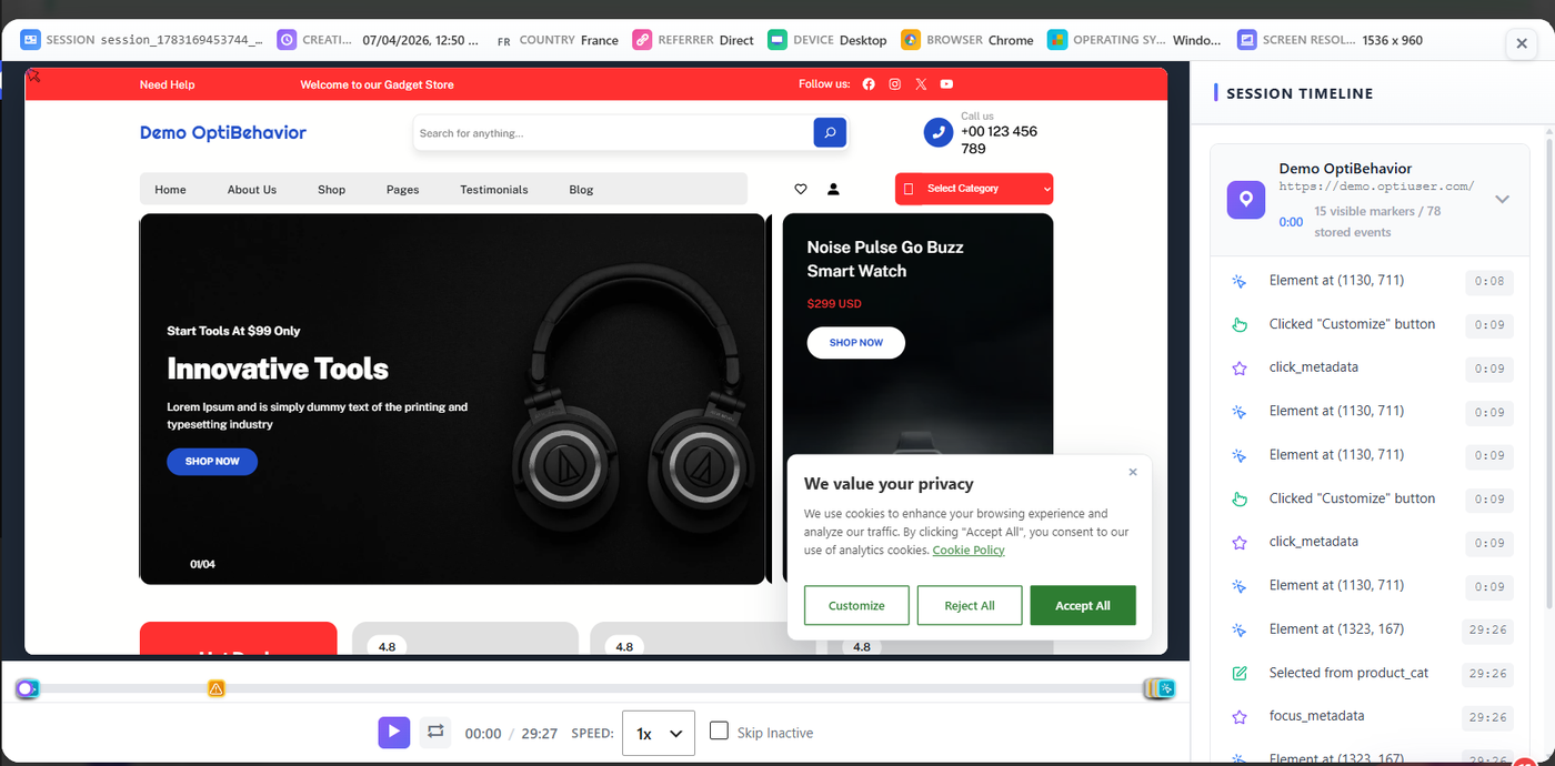 WooCommerce Analytics: Shop - Opti-Behavior 12 Session replay of a visit on a demo shop with the session timeline