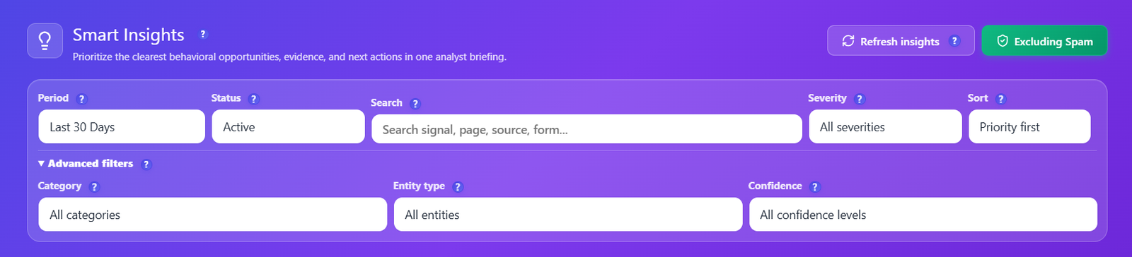 Barre de filtres Smart Insights d&rsquo;Opti-Behavior avec période, statut, recherche, gravité et tri, et filtres avancés par catégorie, type d&rsquo;entité et confiance, plus Actualiser les insights et Exclusion du spam