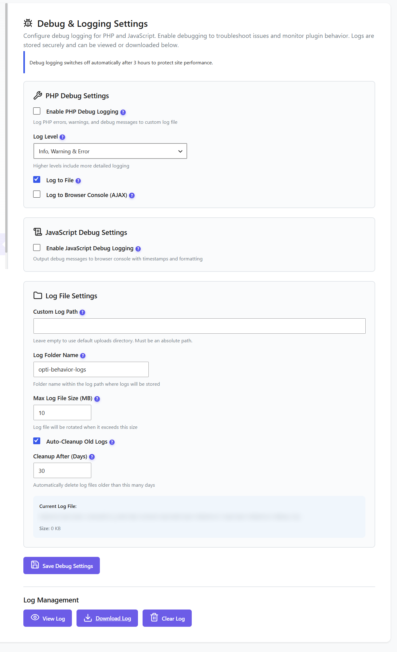 Réglages de débogage et journaux d&rsquo;Opti-Behavior avec journalisation PHP et niveau de log, journalisation JavaScript, chemin du fichier, nom du dossier, taille maximale, nettoyage automatique des anciens journaux et boutons Voir, Télécharger et Effacer
