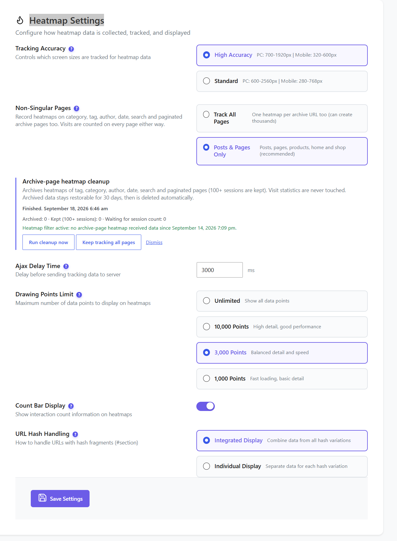 Réglages des cartes de chaleur d&rsquo;Opti-Behavior avec précision du suivi, pages non uniques, nettoyage des cartes de pages d&rsquo;archive, délai ajax, limite de points de tracé, affichage de la barre de compteurs et gestion des hash d&rsquo;URL