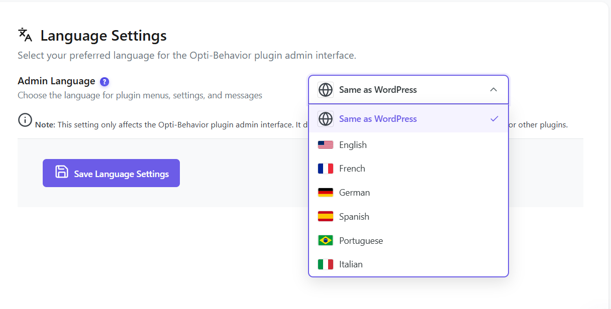 Réglages de langue d&rsquo;Opti-Behavior avec la liste Langue de l&rsquo;administration ouverte : identique à WordPress, anglais, français, allemand, espagnol, portugais et italien