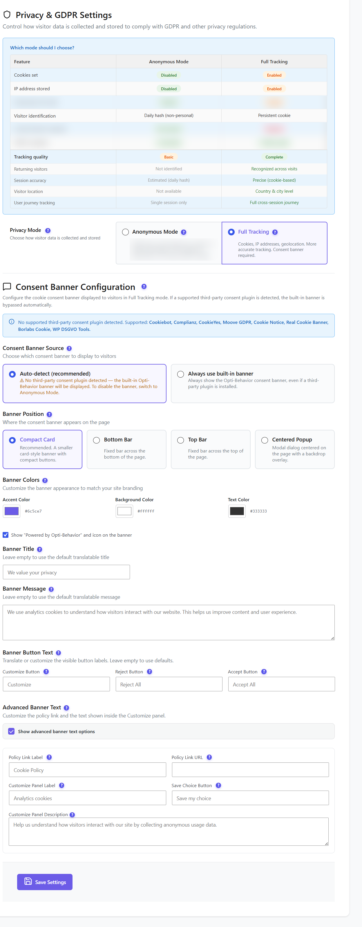 Opti-Behavior Privacy and GDPR settings with an Anonymous mode versus Full Tracking comparison table, the privacy mode choice, consent banner detection, banner position and colors, and editable banner texts