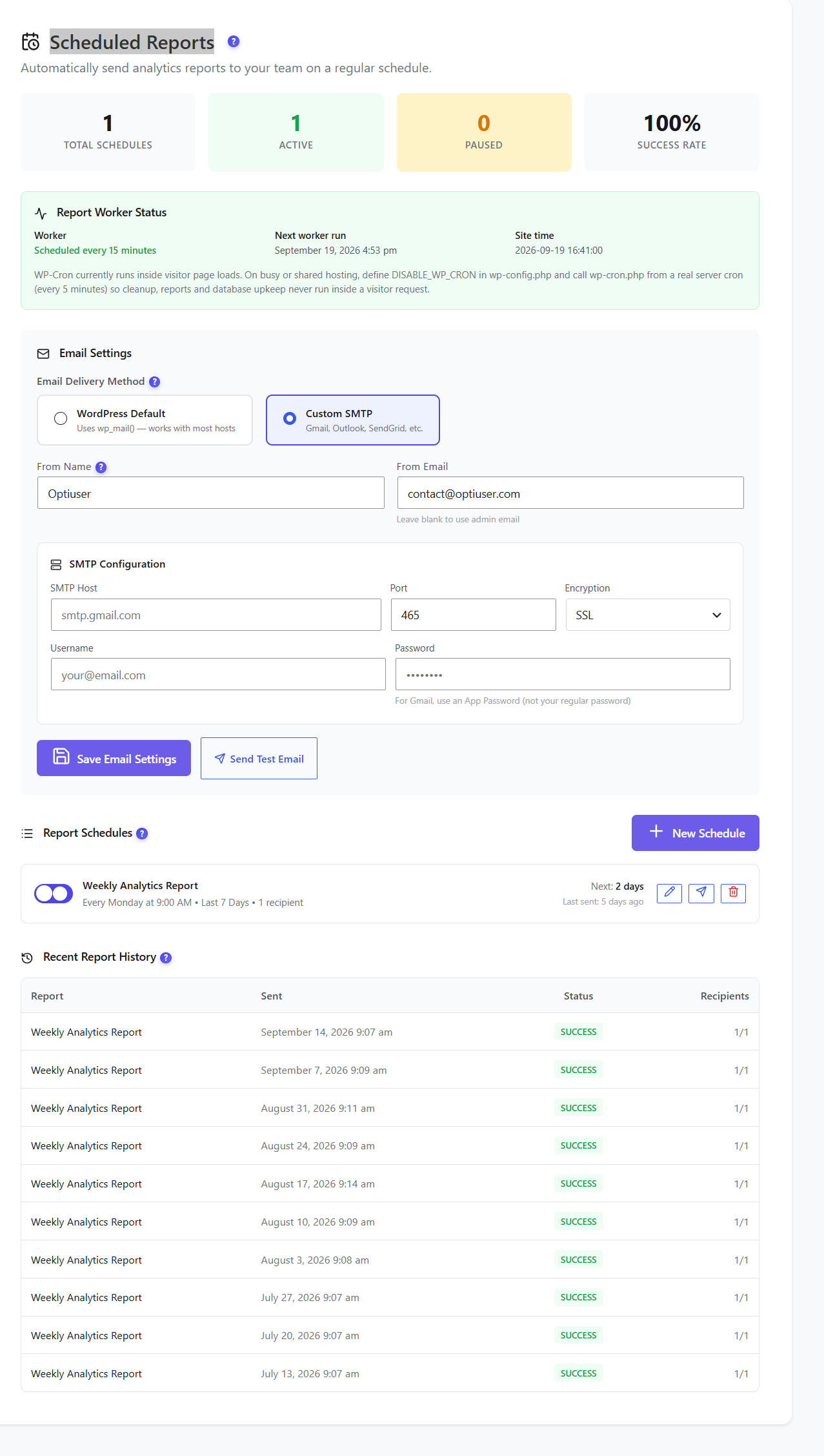 Rapports planifiés d&rsquo;Opti-Behavior avec planifications totales, actives et en pause et taux de succès, état du worker, méthode d&rsquo;envoi WordPress par défaut ou SMTP personnalisé, configuration SMTP, planification d&rsquo;un rapport hebdomadaire et historique récent