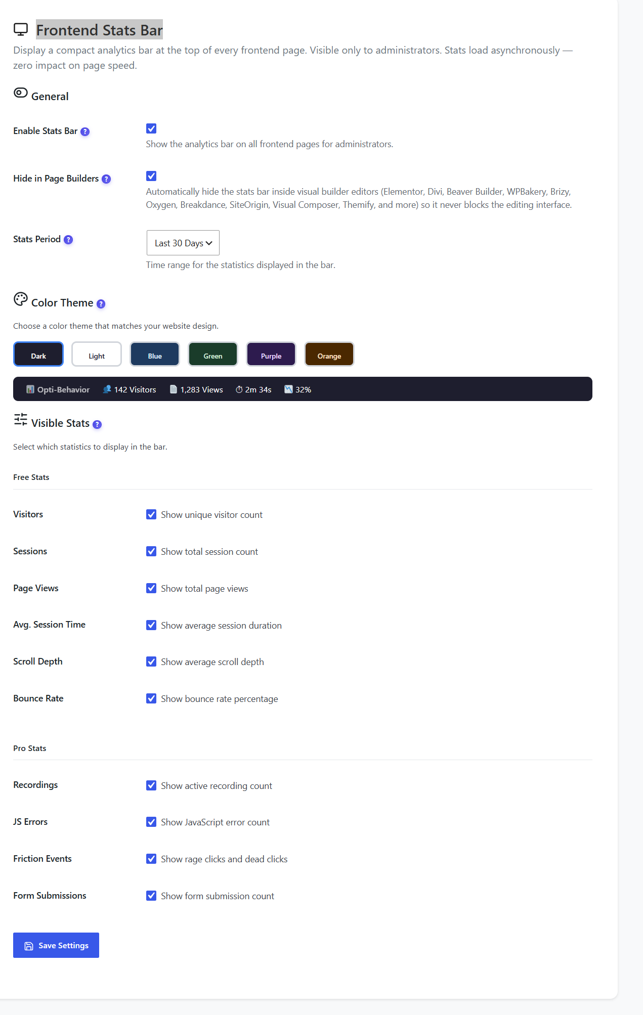 Réglages de la barre de stats frontale d&rsquo;Opti-Behavior avec activation et masquage dans les constructeurs de pages, période, six thèmes de couleur avec aperçu, stats gratuites comme visiteurs, sessions et pages vues, et stats Pro comme enregistrements, erreurs JS, événements de friction et formulaires
