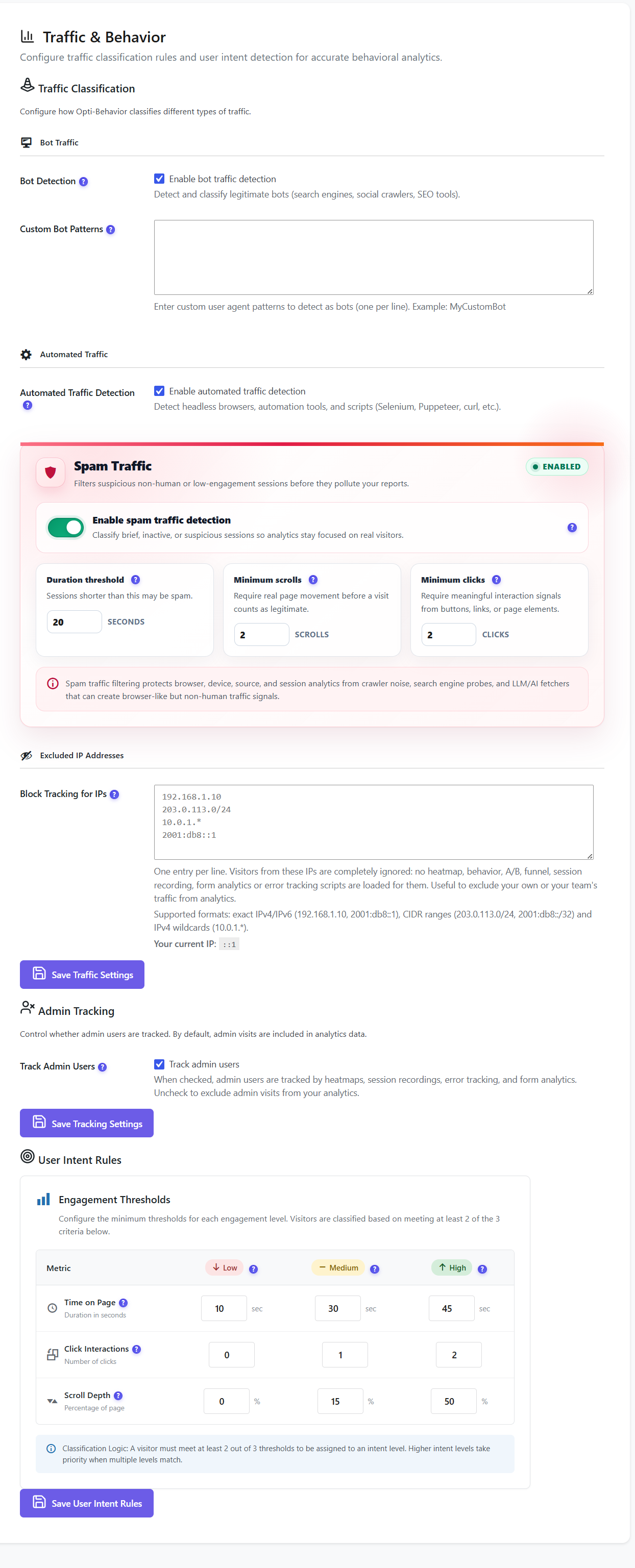 Réglages Trafic et comportement d&rsquo;Opti-Behavior avec détection des bots et motifs personnalisés, détection du trafic automatisé, une carte du trafic spam avec seuils de durée, de scrolls et de clics, IP bloquées, suivi des admins et seuils d&rsquo;engagement d&rsquo;intention utilisateur