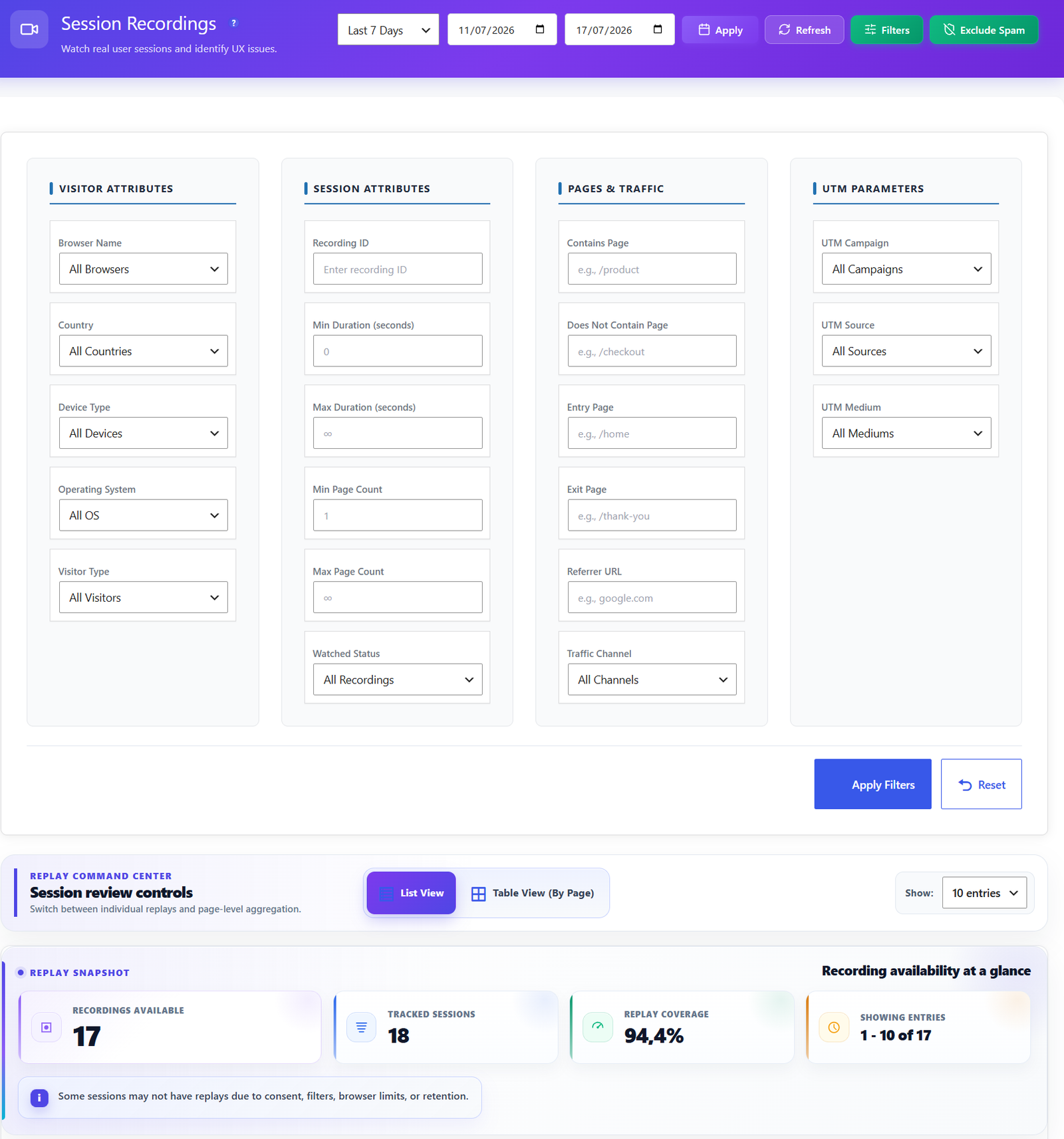 Filtros avanzados de sesión con atributos de visitante, atributos de sesión, páginas y parámetros UTM Filtros avanzados de sesión con atributos de visitante, atributos de sesión, páginas y parámetros UTM