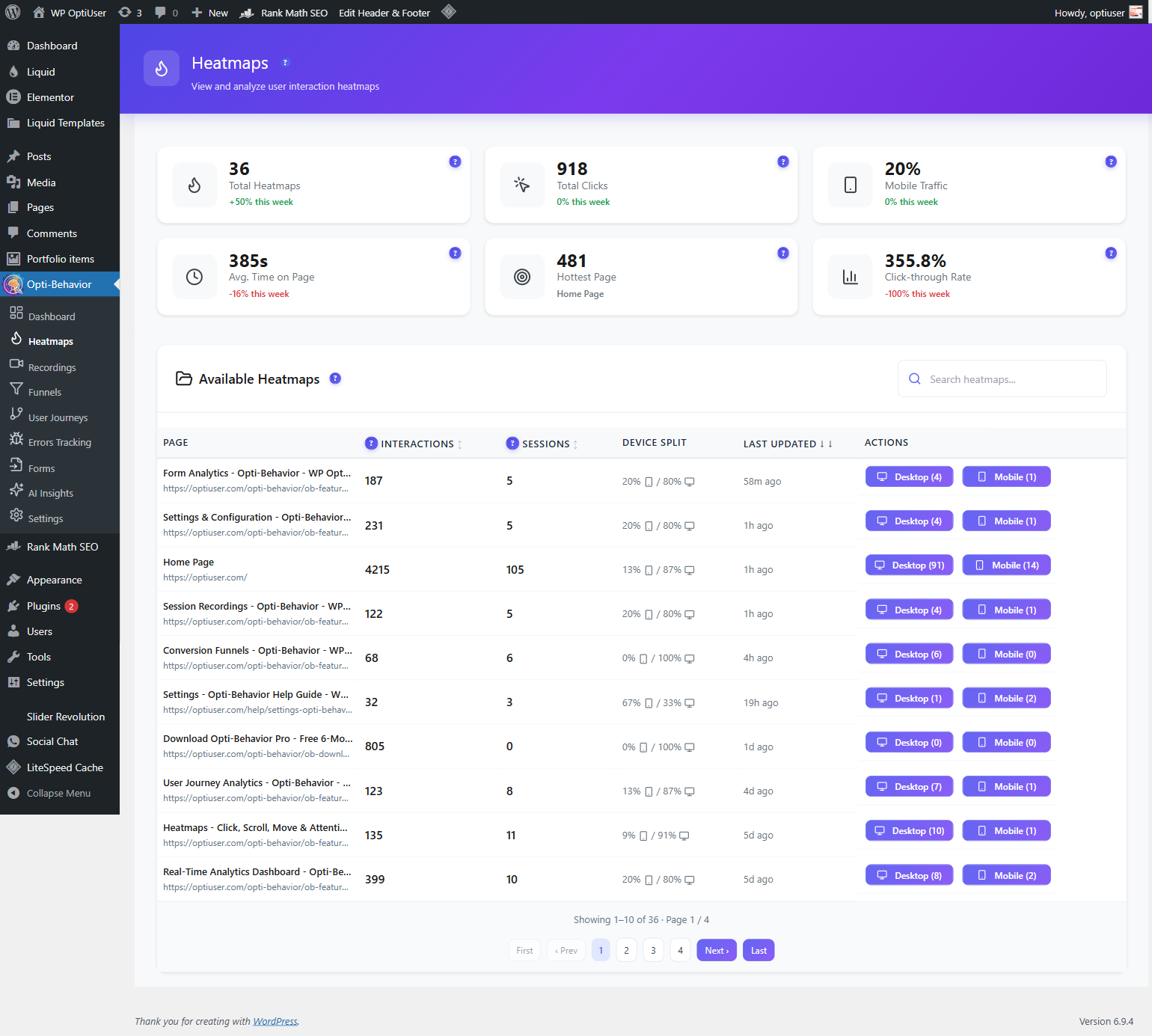 Opti-Behavior Heatmaps Page - WordPress Click Tracking and Heatmap Analytics