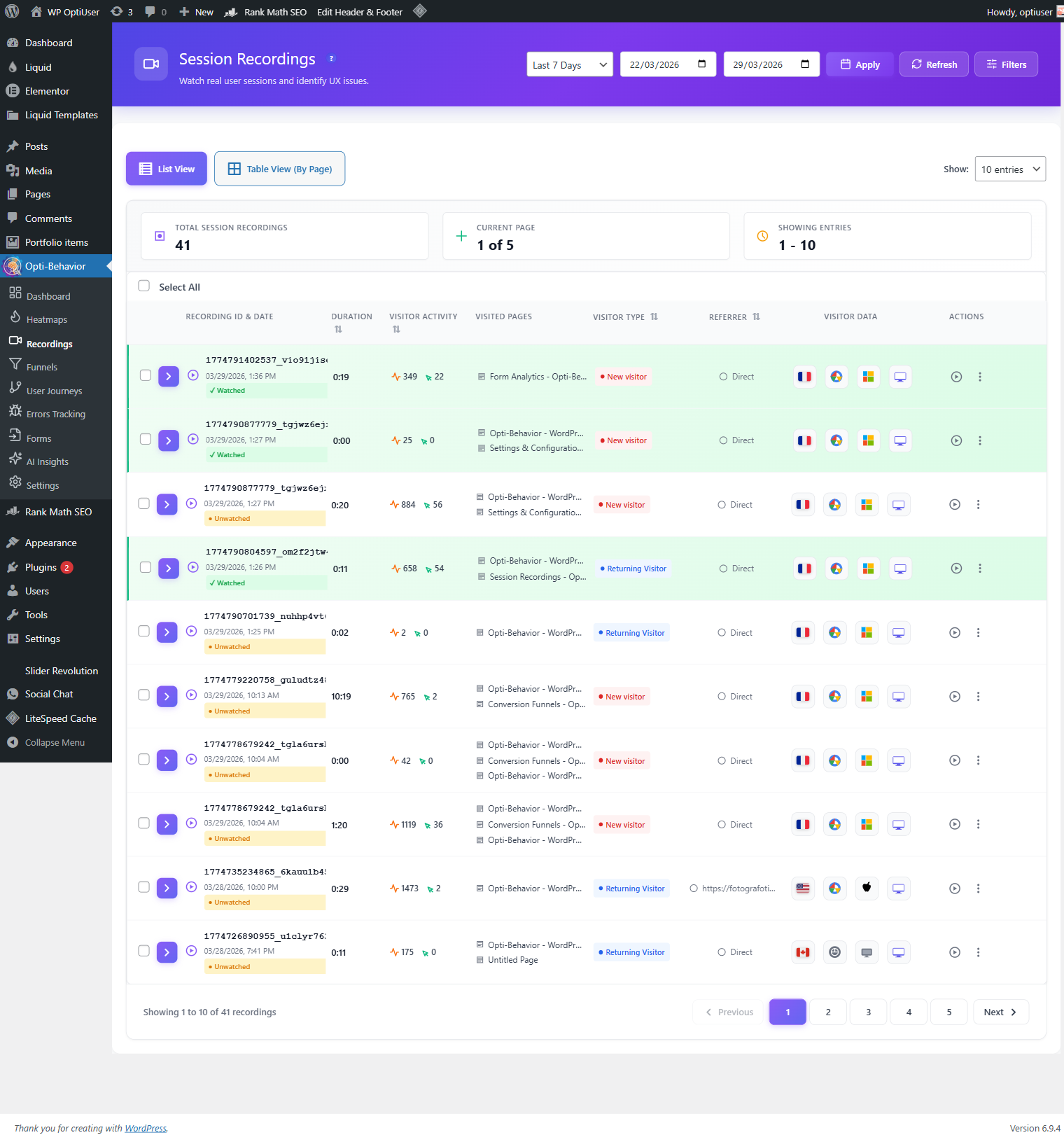 Opti-Behavior Session Recordings - Self-Hosted Session Replay for WordPress
