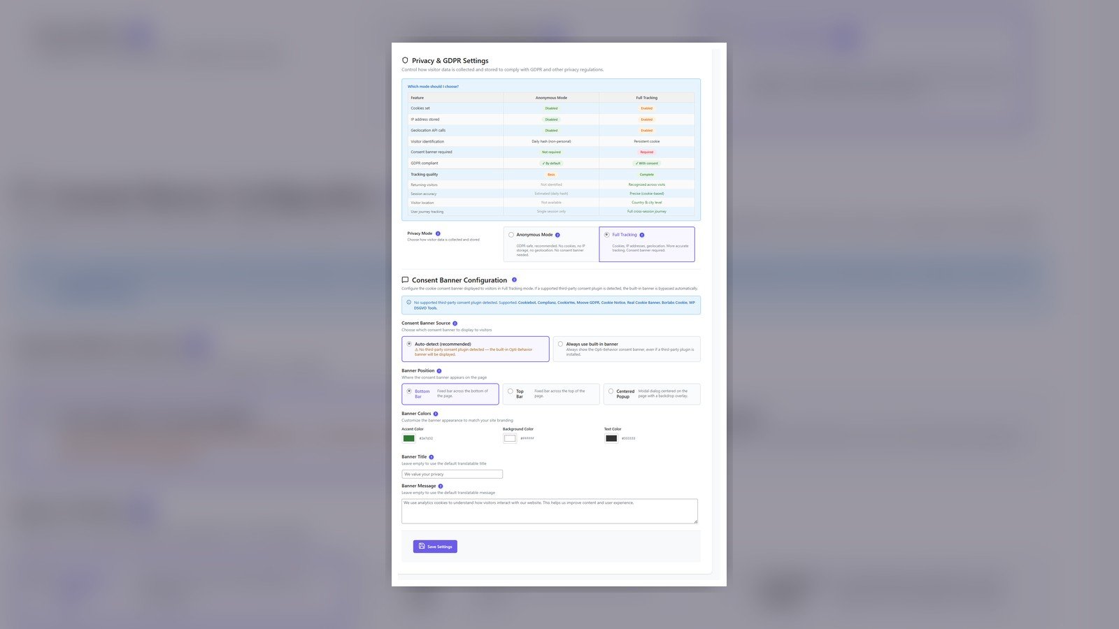 Opti-Behavior GDPR and privacy settings for consent-aware WordPress analytics